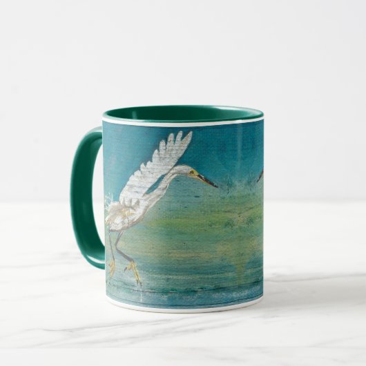 Egret Bird Ocean Aquamarin Art Tasse (Vorderseite Links)