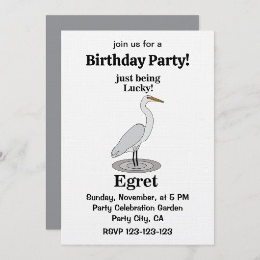 Egret Lucky Bird Birthday Party Einladung (Vorne/Hinten)
