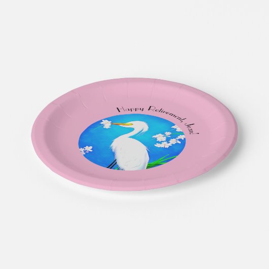 Egret mit Sakura Kirschblüten und Blue Sky Pappteller (Schrägansicht)