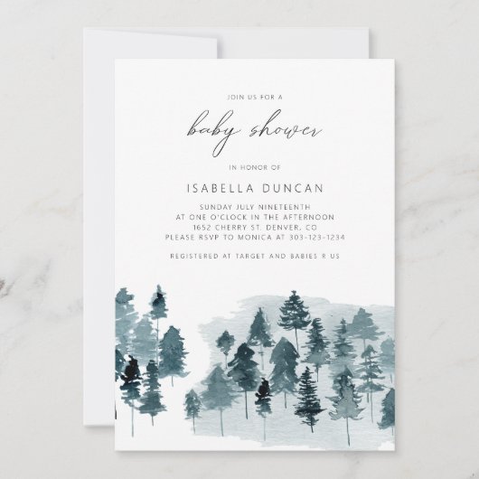 EGRET Rustikales Blue Winter Pine Tree Baby Dusche Einladung (Vorderseite)