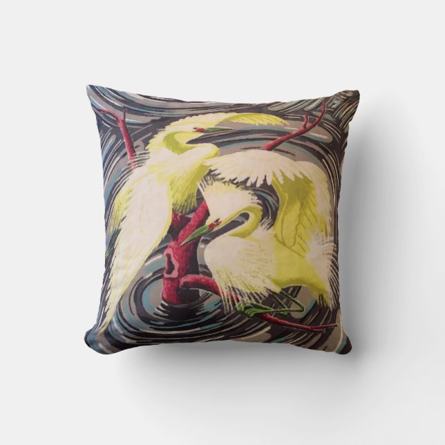 Egrets Barktstoff Repro Throw Kissen (Vorderseite)