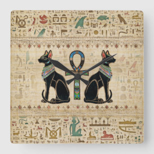 Egyptian Cats and ankh cross Quadratische Wanduhr