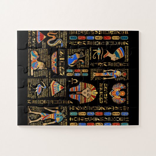 Egyptian hieroglyphs and deities on black puzzle (Horizontal)