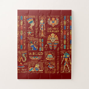 Egyptian hieroglyphs and deities on red puzzle
