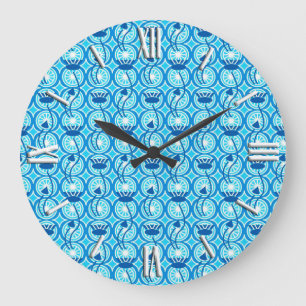 Egyptian Lotus pattern, cobalt and turquoise Große Wanduhr