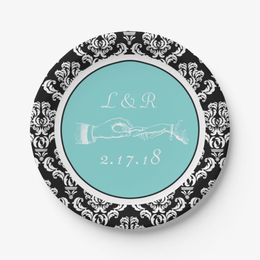 Ehe Black Damask Aqua Papierplatte Pappteller (Vorderseite)