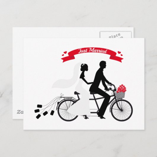 Ehe Braut und Bräutigam auf Tandemfahrrad Ankündigungspostkarte (Vorne/Hinten)