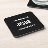 Ehe + Jesus = Langlebigkeit Getränkeuntersetzer (Linke Seite)