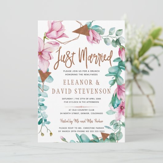 Ehe Typografie Blumenrosa Hochzeitsbrunch Einladung (Stehend Vorderseite)