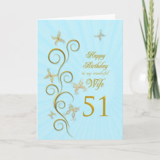 Ehefrau 51. Geburtstag mit goldenen Schmetterlinge Karte