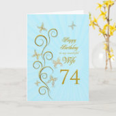 Ehefrau 74. Geburtstag mit goldenen Schmetterlinge Karte (Gelbe Blume)