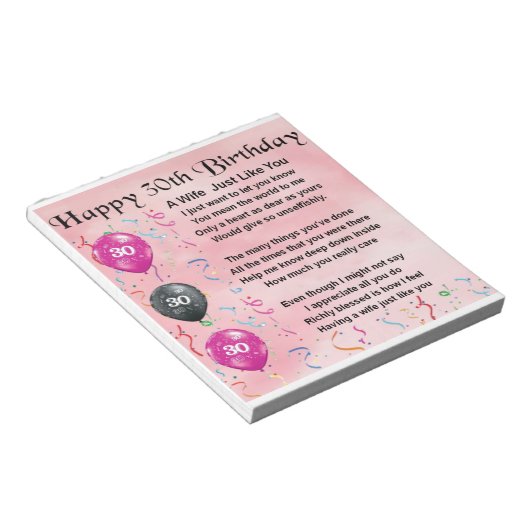 Ehefrau Gedicht - 30. Geburtstag Notizblock (angewinkelt)