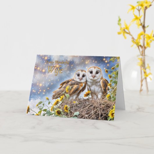 Ehefrau Happy Birthday Owl Couple mit Sternen Blum Karte (Gelbe Blume)