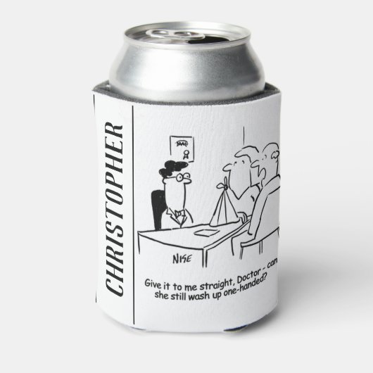 Ehefrau hat einen gebrochenen Arm in einem Tuch Dosenkühler (Kanne Rückseite)