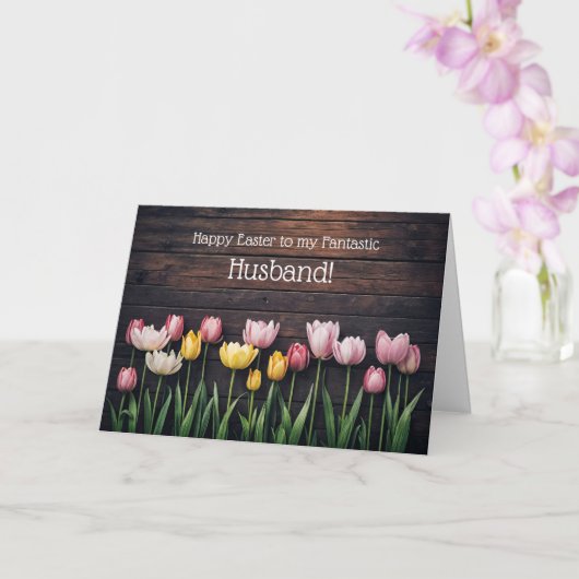 Ehemann Frohe Ostern mit Tulpen und rustikalem Hol Karte (Orchidee)