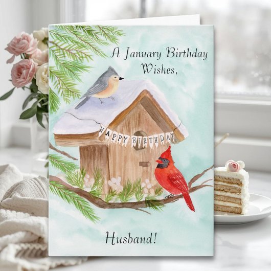 Ehemann  Froher Januar-Geburtstag Vögel Karte