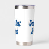 Ehemann mit blauem Halbtext Thermobecher (Links)