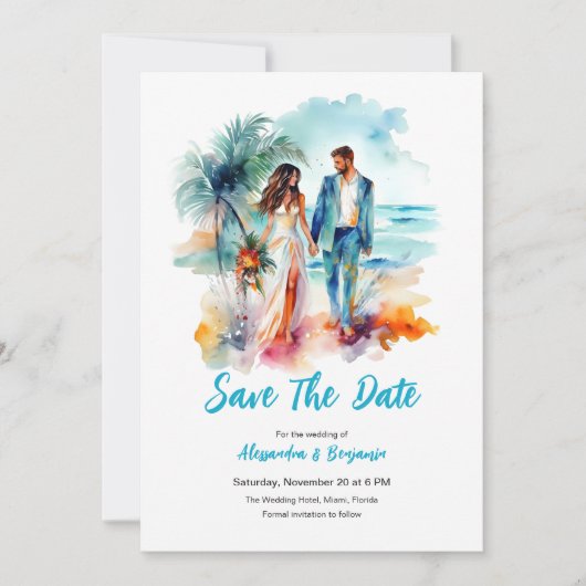 Ehepaar bei Beach Watercolor Hochzeit | SAVE THE D Einladung (Vorderseite)