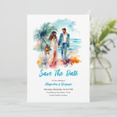 Ehepaar bei Beach Watercolor Hochzeit | SAVE THE D Einladung (Stehend Vorderseite)
