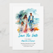 Ehepaar bei Beach Watercolor Hochzeit | SAVE THE D Einladung (Vorne/Hinten)