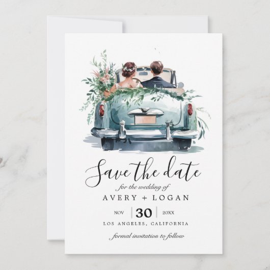 Ehepaar mit Oldtimer-Aquarell Save the Date Einladung (Vorderseite)