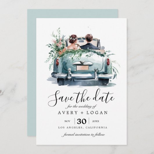 Ehepaar mit Oldtimer-Aquarell Save the Date Einladung (Vorne/Hinten)