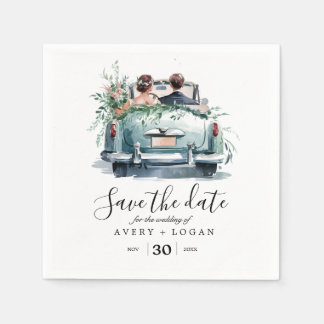 Ehepaar mit Oldtimer-Aquarell Save the Date Serviette