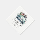 Ehepaar mit Oldtimer-Aquarell Save the Date Serviette (Ecke)