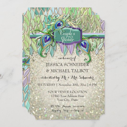 Ehepaare Dusche Art Deco Peacock Feather Glitzer Einladung (Vorne/Hinten)