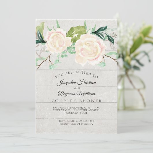 Ehepaare Dusche Rustikales Holz Wasserfarbe Elfenb Einladung (Stehend Vorderseite)