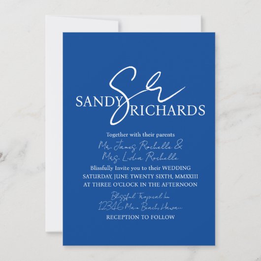 Ehepaare Mit Monogramm Blue White Script Wedding Einladung (Vorderseite)