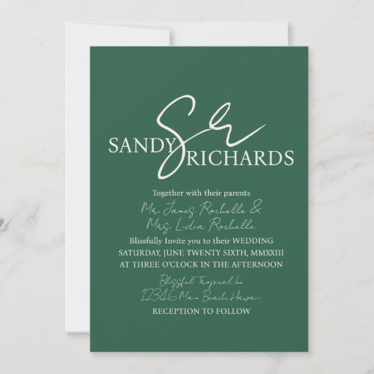 Ehepaare Mit Monogramm Verde Script Wedding Einladung (Vorderseite)