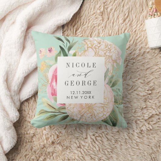 Eheresake aus Peony und Gold-Blume in Monogramm Kissen (Decke)