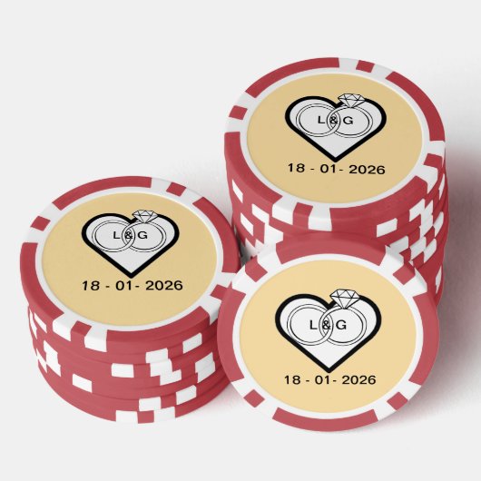 Eheringe in einem Herzen mit Datum und Initialen Pokerchips (Stapel)