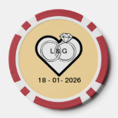 Eheringe in einem Herzen mit Datum und Initialen Pokerchips (Rückseite)