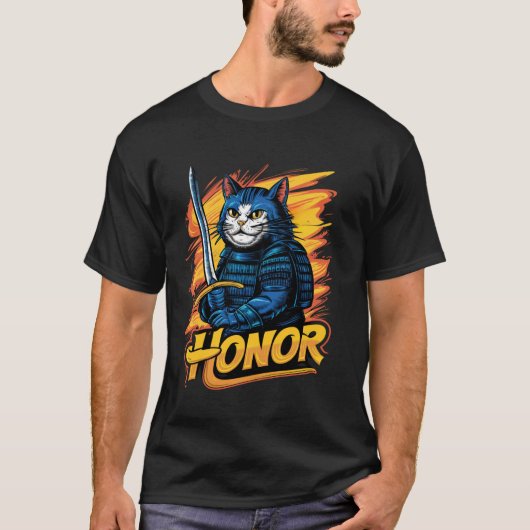 Ehre Samurai-Katze Grafik T-Shirt (Vorderseite)