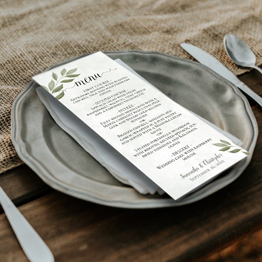 Ehrfürchtige Blätter Rustic Sage Green Wedding Menükarte