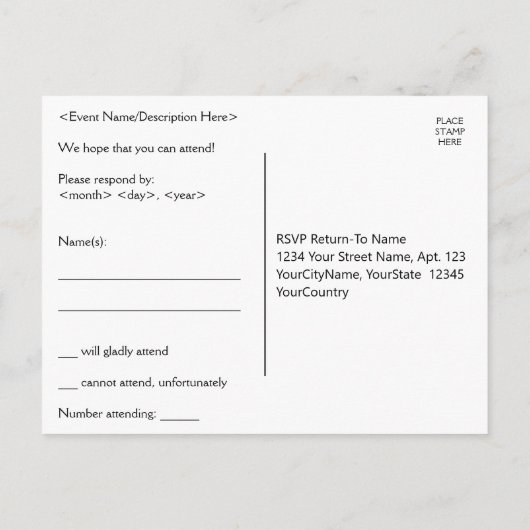 Ehrlich und elegant "Bitte R.S.V.P." Postkarte (Rückseite)