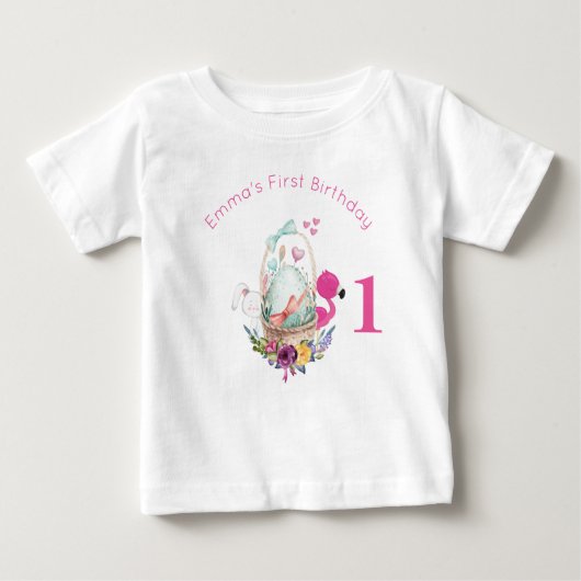 Ei, Flamingo und Bunny First Birthday Baby T-shirt (Vorderseite)