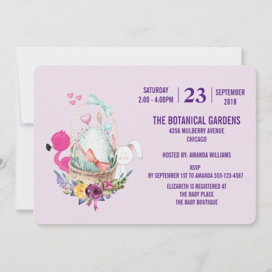 Ei in einem Korb mit Flamingo und Sonnendusche Einladung (Rückseite)