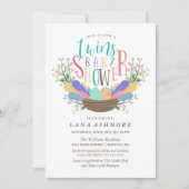 Ei u. bunte Feder-Zwillings-Babyparty Einladung (Vorderseite)