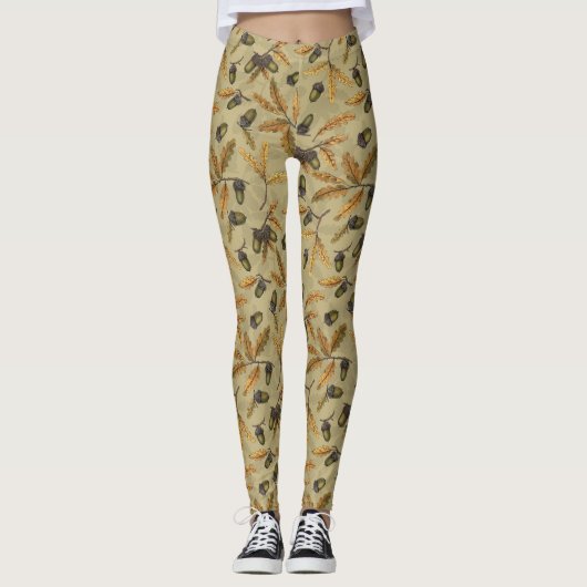Eichen und Eichen-Blätter auf Ekru Leggings (Vorderseite)