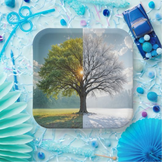 Eichenbaum in zwei Jahreszeiten Pappteller (Party)