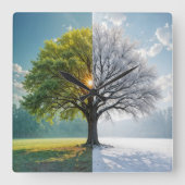 Eichenbaum in zwei Jahreszeiten Quadratische Wanduhr (Vorderseite)