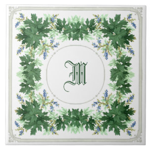 Eichenlaub- und Beeren-Kranzrand-Monogramm Fliese