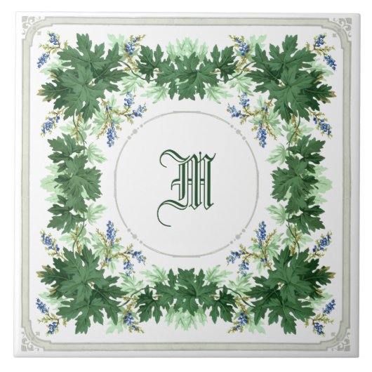 Eichenlaub- und Beeren-Kranzrand-Monogramm Fliese (Vorderseite)
