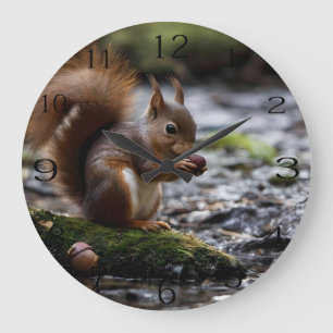 Eichhörnchen am Fluss, das eine Mais isst, Große Wanduhr