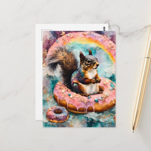 Eichhörnchen auf dem Floating Glazed Donut Funny S Postkarte (Vorderseite/Rückseite Beispiel)