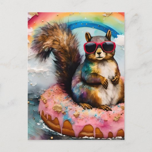 Eichhörnchen auf dem Floating Glazed Donut Funny S Postkarte (Vorderseite)