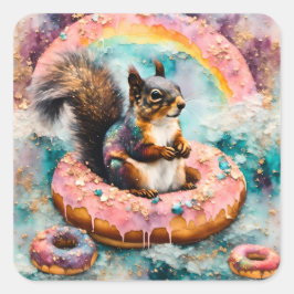 Eichhörnchen auf dem Floating Glazed Donut Funny S Quadratischer Aufkleber